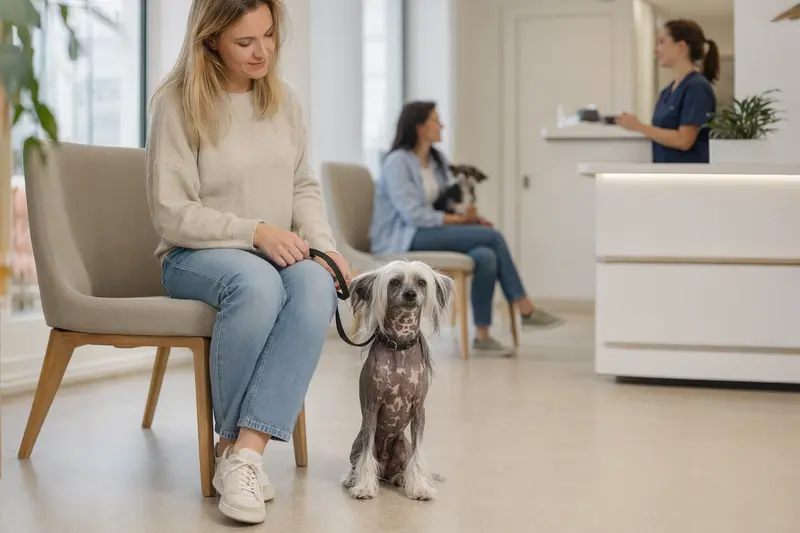 Ein Chinesischer Schopfhund sitzt ruhig neben seinem Besitzer im hellen Wartezimmer einer modernen Tierarztpraxis.